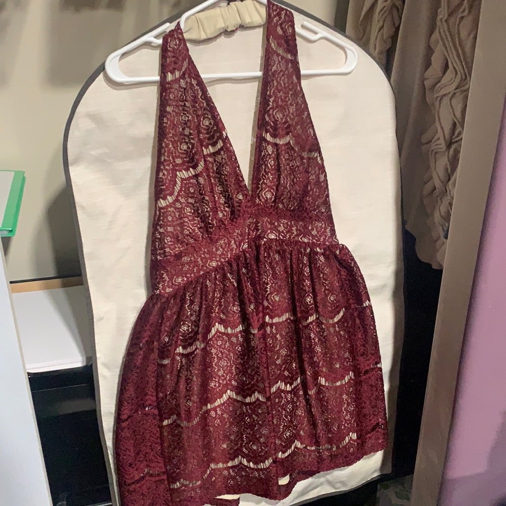 Audrey burgundy halter dress with open back
